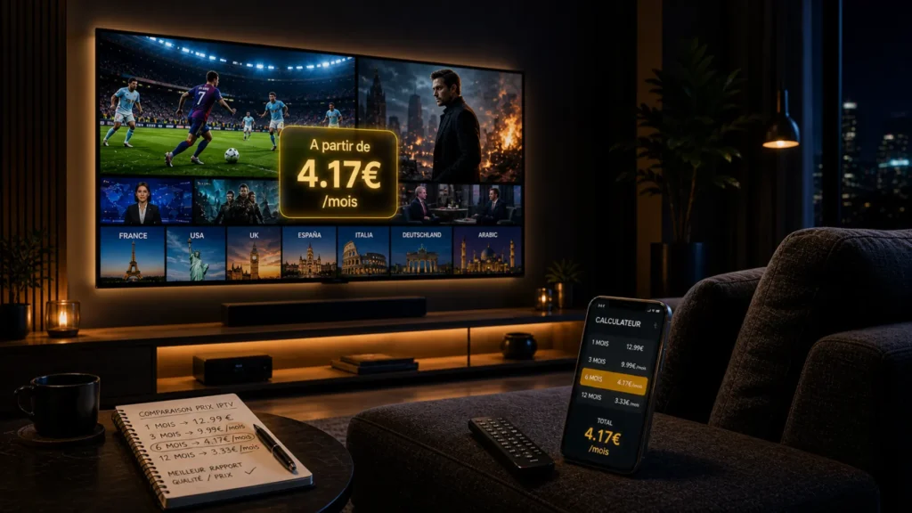 Salon avec TV 4K diffusant un abonnement IPTV pas cher à 4,17€ par mois, smartphone affichant un calculateur de tarifs et carnet de comparaison de prix Origine IPTV