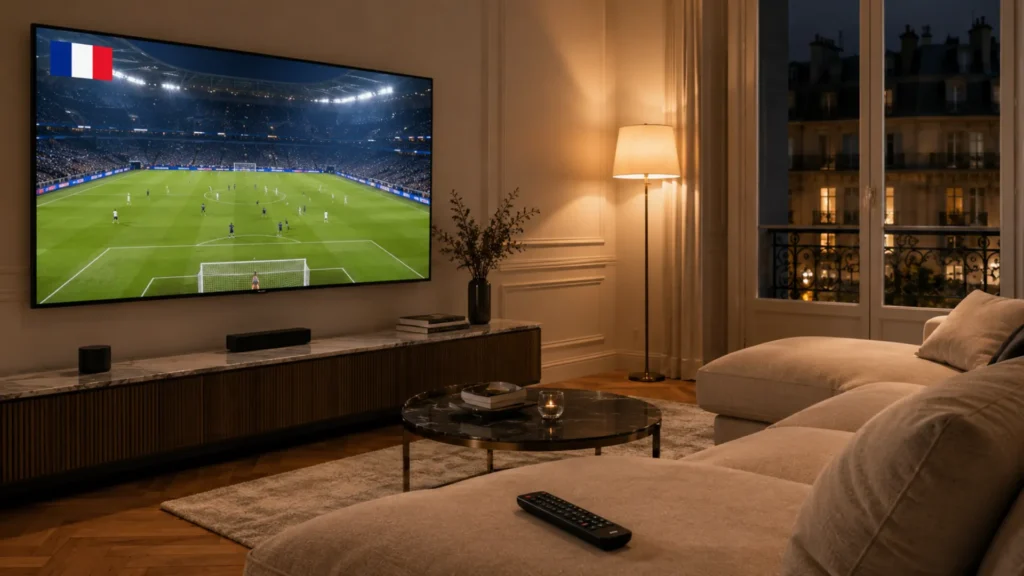 Regarder l'IPTV France en 4K dans un salon parisien avec match de football en direct
